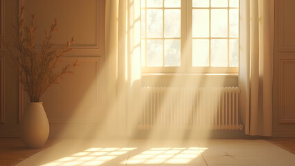 Sanfte Sonnenstrahlen, die durch schwebenden Staub in einem ruhigen Raum fallen, halbabstrakte Komposition mit Fokus auf Licht und Schatten. KI Generated