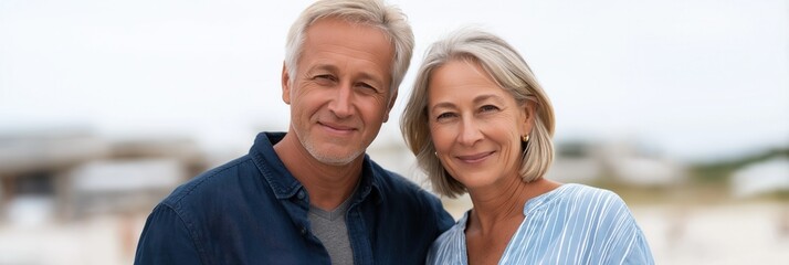 A joyful senior couple smiles at the camera while standing on the beach. The scene conveys warmth and companionship in a relaxed setting.