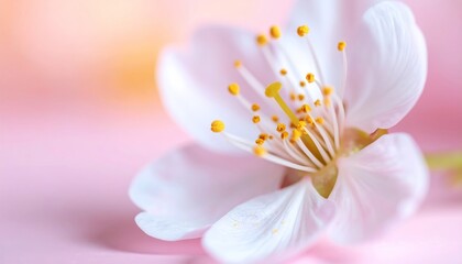 Closeup of Delicate Cherry Blossom Flower on Pink Background.