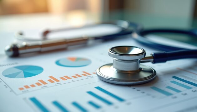 Stethoscope rests on financial reports with charts and graphs. Medical analysis, healthcare costs, and business planning concepts are implied through this pro setting. - Powered by Adobe