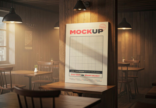 Page Menu Sign Stand on Table Wooden Bar Mockup