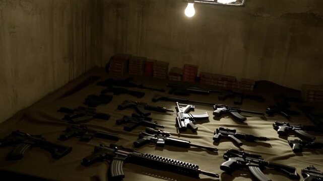 A clandestine weapons cache in a decaying concrete bunker. Handguns and assault rifles are lit by a single flickering bulb, creating a raw, photorealistic crime thriller aesthetic