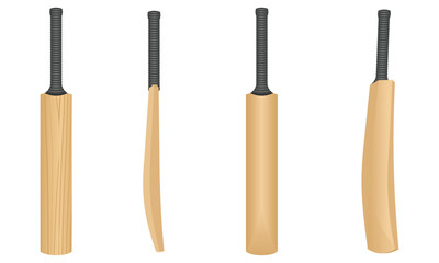 wooden cricket bat set with different view, vector illustration isolated on white background.
