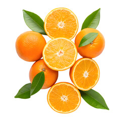 Fresh Oranges and Slices with Green Leaves PNG Isolated on Transparent Background