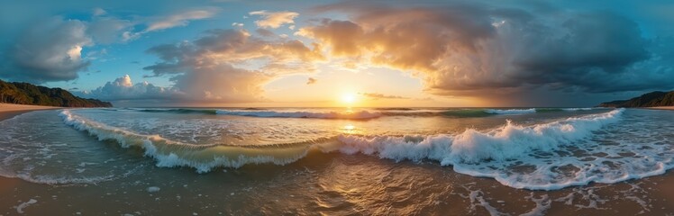 Fototapeta premium Panoramic view of ocean waves crashing on a sandy beach at sunset. Golden sun sets over the horizon painting the sky with warm colors. Lush green hills line the coast under a dynamic cloudscape.