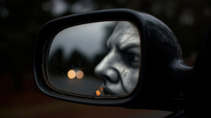 Fearful car side mirror reflection shows pale masked face at dusk with distant headlights and moody atmosphere evoking suspense and tension