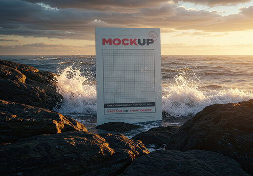 Page Poster Mockup on Sea Rocks Sunlight