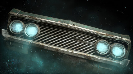 Car rusty car front grille with glowing headlights creating fearful cinematic atmosphere in foggy night