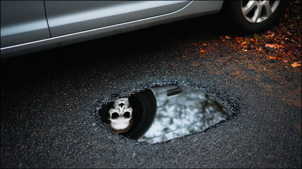 Car fearful reflection in puddle beside parked vehicle showing eerie skull face expression on wet asphalt under fallen leaves