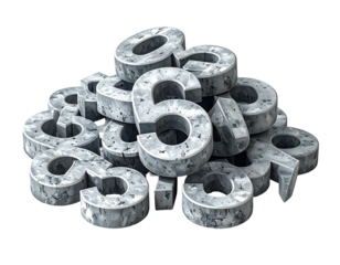 A pile of textured, gray, stone-like numbers