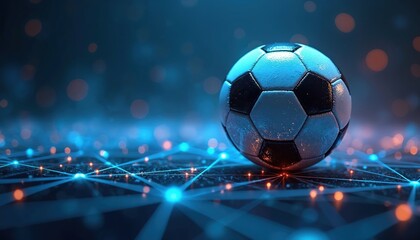Soccer ball on a tech blue background with glowing nodes and lines. Ball placed on digital grid. Concept for sports science and future soccer technologies in games.