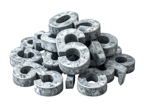 A pile of textured, gray, stone-like numbers
