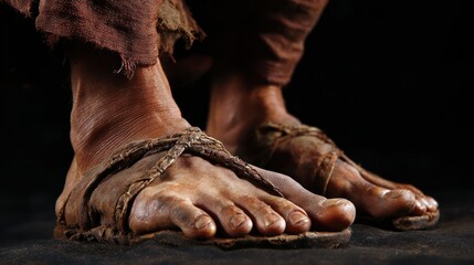 Close up of ancient sandals on human feet