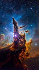 Obraz premium A captivating cosmic landscape showcasing pillars of gas and dust illuminated by young, energetic stars. The background features a vibrant starfield