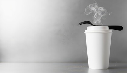 Hot coffee cup with steam and black spoon on grey background  