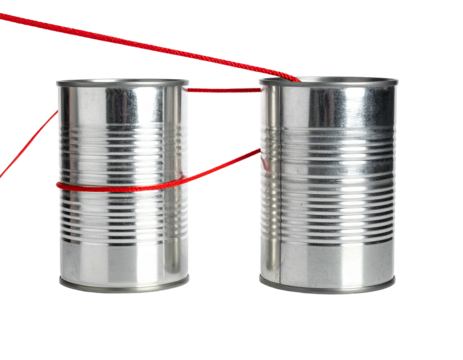 Two tin cans connected by red string
