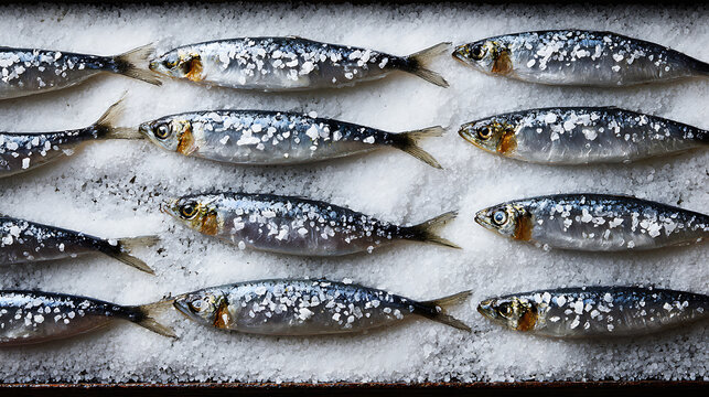 Small fish are neatly placed in rows on a bed of coarse salt. The salt acts as a preservation method while enhancing the flavor. This setup is common in food preparation.