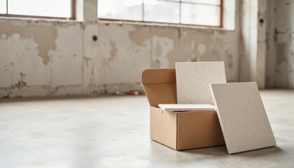 Cardboard box with blank sheets on concrete floor in empty room  