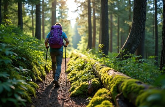 Person hikes on forest path beside moss covered fallen tree trunk. Sunlight filters through tall green trees. Hiker uses poles for steady climb.