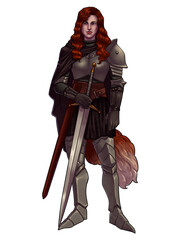 fantasy red haired girl warrior with longsword