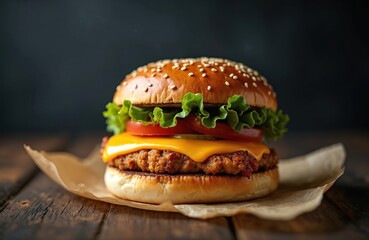 Juicy homemade cheeseburger with lettuce tomato and melted cheese on sesame bun. Served on parchment paper over dark wooden table background. Delicious fast food meal.