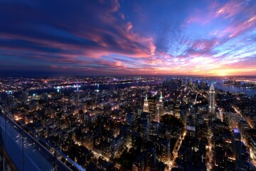 Obraz premium Vibrant sunset view over a bustling city skyline with colorful clouds in twilight