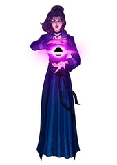 female witch in blue dress casting cosmic magic illustration