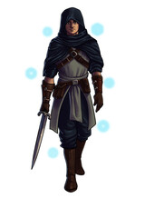 male fantasy warrior with sword and arcane symbols ilustration