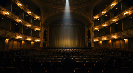 Fototapeta premium Dramatic spotlight illuminates the golden curtain of an empty classical stage in a deserted, elegant concert hall