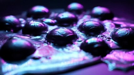 Dark orbs floating in liquid, illuminated by electric neon pink and blue lights - Powered by Adobe