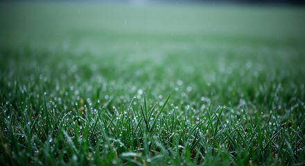 Fototapeta premium Closeup of green grass covered in morning dew drops, glistening in the soft light