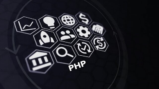 PHP Development and Web Solutions for Modern Business. technology, business and network connection icon concept.