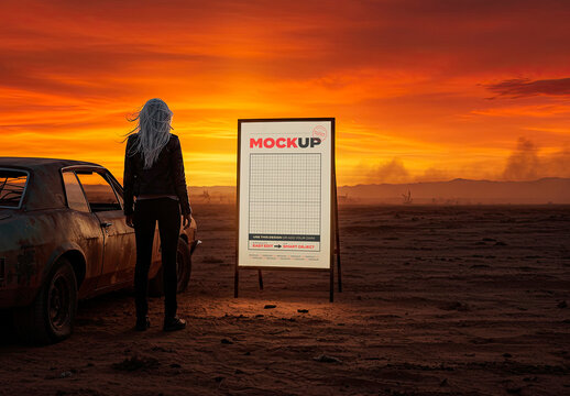 Sign on Dusty Desert with Woman and Car