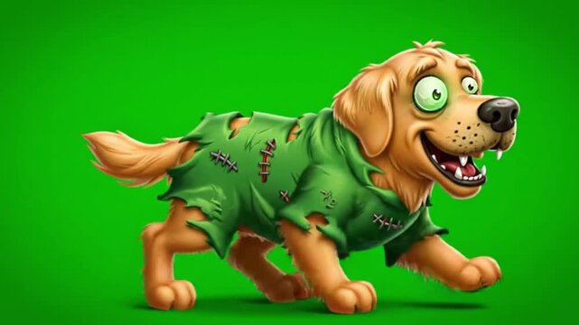 Cartoon Zombie Dog Animation: Golden Retriever with Torn Green Shirt Walking on Green Screen, Halloween Concept, Animated Character for Kids, Seamless Loop, Funny and Spooky