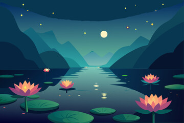 Tranquil night scene with glowing lotus flowers and mountains reflected in a calm lake under a starry sky and full moon