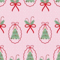 Seamless Christmas pattern with trees, candies, and bows. Christmas background with a decorative frame. Fashionable design for textiles and wrapping paper.