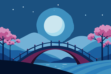 Serene japanese landscape with a curved bridge under a full moon and cherry blossom trees at night