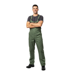 Fototapeta premium Confident professional in olive green overalls isolated against a transparent canvas