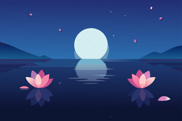 Serene night landscape with a large glowing moon reflecting on calm water surrounded by distant mountains and blooming pink lotus flowers