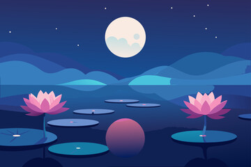 Tranquil night scene featuring a serene lake with blooming pink lotus flowers and lily pads under a large full moon and starry sky with layered blue hills in the background