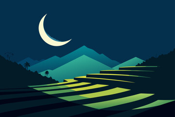 Serene crescent moon illuminates lush terraced rice fields nestled amongst verdant mountains under a starry night sky