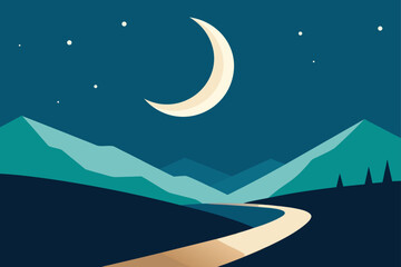A serene minimalist landscape illustration featuring a crescent moon and stars illuminating a winding road through majestic teal mountains under a deep blue night sky