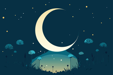 Stylized crescent moon illuminating a dreamy night landscape with silhouetted flora and distant stars