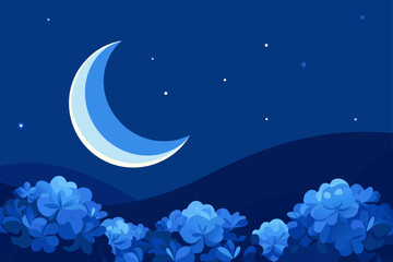 Stylized crescent moon shines brightly in the deep blue night sky above rolling hills and lush blue foliage