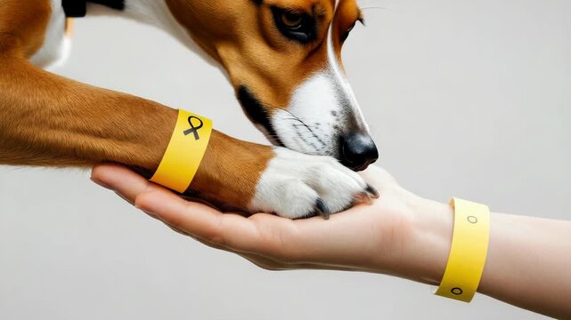 Human hand and dog paw with matching yellow bracelets touching