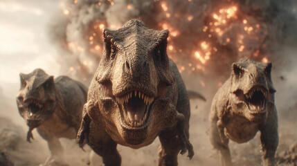 Three Tyrannosaurus Rexes Charge Forward Amidst an Explosive Backdrop