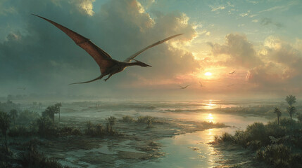 Pterodactyl soaring over a prehistoric landscape at sunset