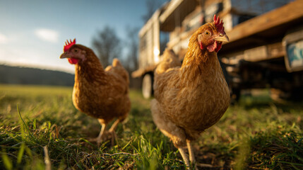 Chickens grazing in a field with a truck in the background on a sunny day.