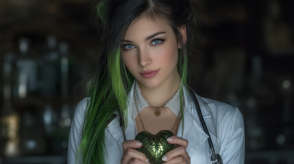 A beautiful scienctist green hair white sking holding a human heart on her hand.