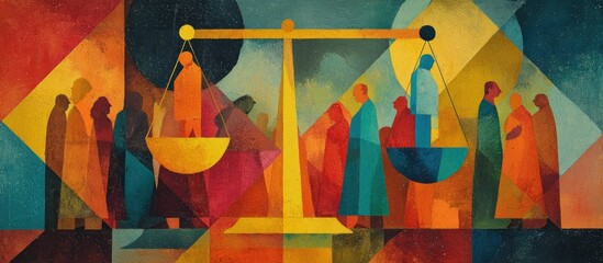 A geometric image showcasing balance with a scale, people, and vibrant colors